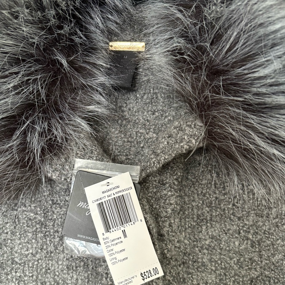 Magaschoni Grey Cashmere Blend Button Down Faux Fur Removable Collar Sweater - Picture 8 of 9